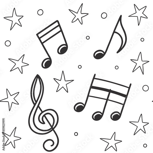 A seamless pattern of hand-drawn musical notes and stars in a playful black-and-white doodle style.