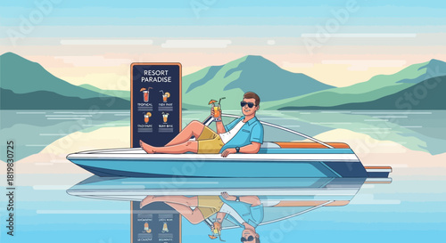 Leisurely escape illustration of relaxed man enjoying cocktail on a boat getaway