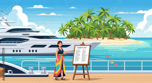 Luxury yacht vacation: Tropical island welcome party with a guest list presentation