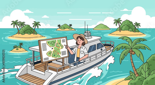 Cartoon seascape showcasing a yacht with a map of islands for summer voyage