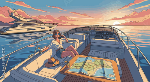 Woman relaxing on a yacht at sunset, enjoying a luxurious and idyllic getaway