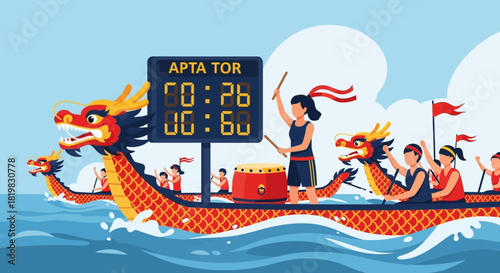 Animated dragon boat race with team paddling and drummer beating time at a festival