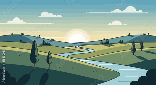 Stylized landscape illustration of rolling hills, river and a radiant sun