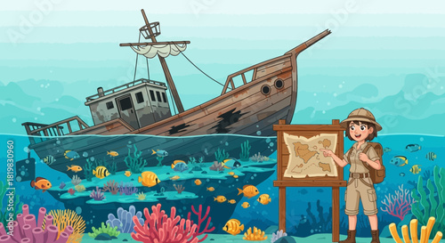 Cartoon Treasure Hunt: Explorer Guides Underwater Adventure with Sunken Ship