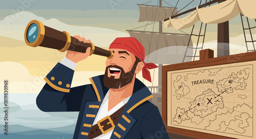 Animated pirate captain searching for hidden treasure with his ship in the distance