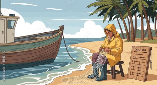 Coastal scene depicting a fisherwoman repairing her net with a boat ashore