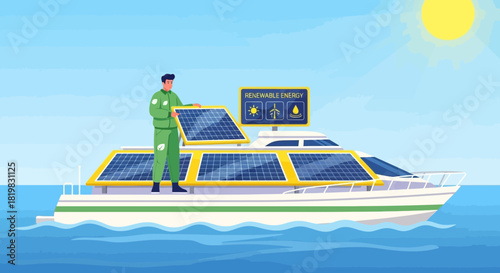 Sustainable seascape showcases a modern solar-powered boat on tranquil waters