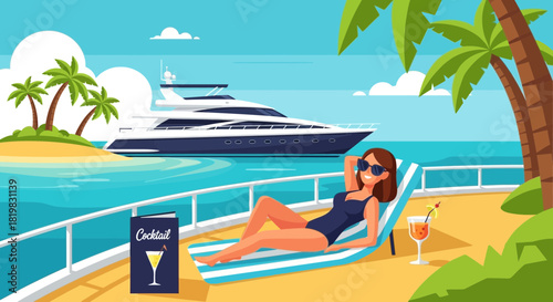Luxurious tropical getaway illustration featuring relaxation and yacht life