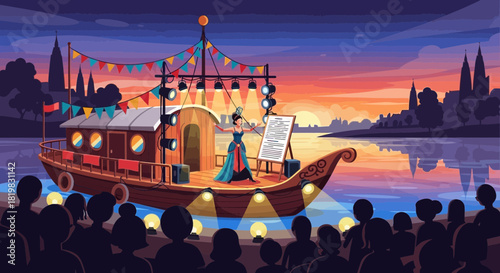 Enchanting riverboat performance art on a serene waterscape under a glorious sunset