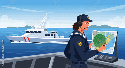 Coast guard radar operator monitoring vessel activity on a patrol mission