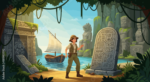 Animated explorer discovering ancient ruins amidst a lush tropical landscape