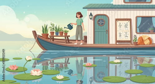 Floating Abode: Serene Lakeside Living with a Touch of Botanical Grace