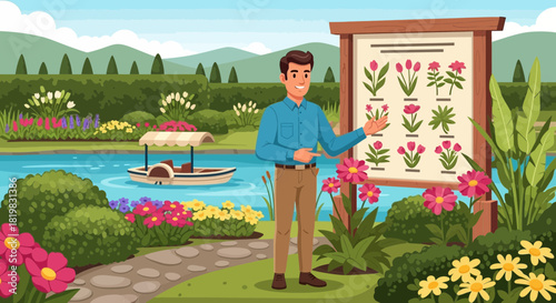 Botanical guide presenting flower species in serene lakeside garden landscape