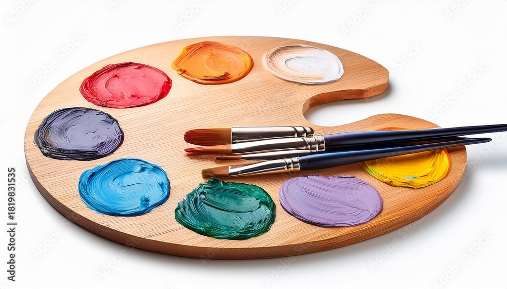 Naklejka premium artistic wooden palette with colorful paints and brushes for creative painting isolated on white background