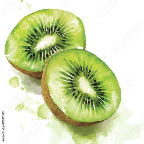 A sliced green kiwi painting design set. Hand-painted style, vectorized, vector set available in EPS, Simple Hand-painted watercolor style