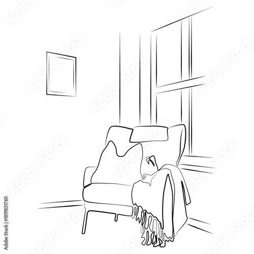 Continuous one line drawing of armchair. Scandinavian stylish furniture in simple Linear style. Doodle vector illustration. Line art silhouette. Single doodle drawn line armchair furniture. 