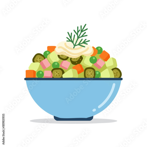 Olivier salad in blue bowl with dill on top for Old New Year  