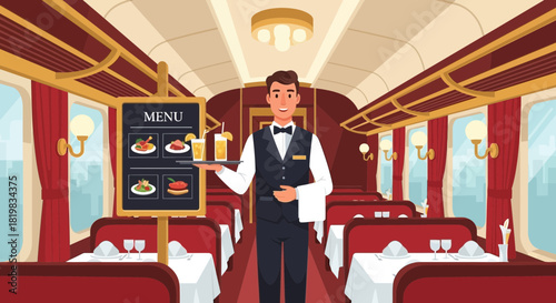 Elegant dining experience onboard a train with waiter service and fine cuisine