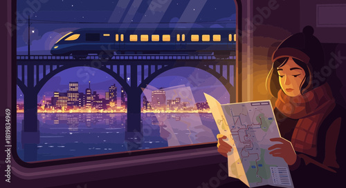 Nighttime journey illustration: Woman reading a map on a passing train with city view