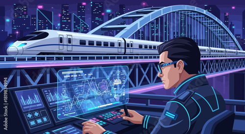 Futuristic train transport controlled by a system analyst on a high speed bridge