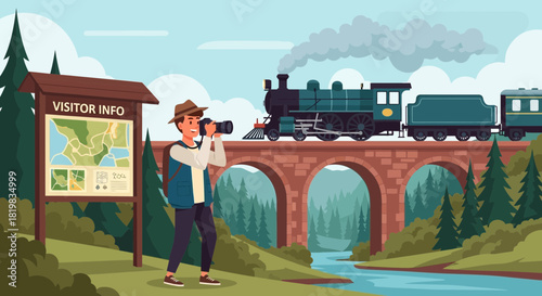 Capturing moments tourist photographs scenic steam train against natural backdrop