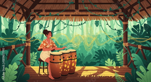 Tropical rhythm: A young woman playing conga drums in a lush jungle hut