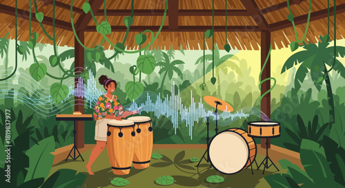Harmonious Rhythms: A Woman Playing Percussion Instruments in Lush Jungle Setting