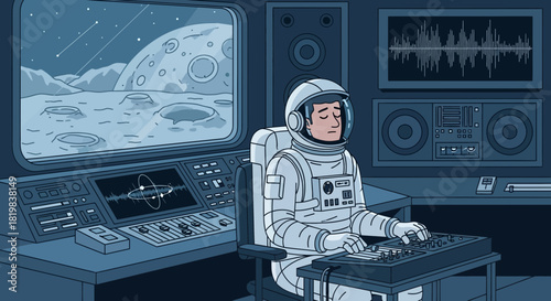 An astronaut creating music in a studio, with moon landscape in the background