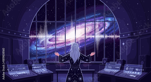 Mystical producer composing cosmic harmonies in sound studio observatory