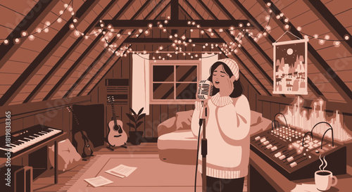 Cozy Attic Studio: A Young Woman's Passion for Music in a Warm Setting