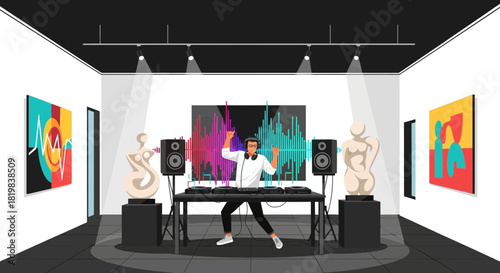 Eclectic art gallery setting featuring a DJ performance against a backdrop of sculptures