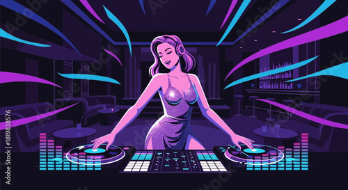 Electro night: Retro female DJ mixing tunes in a vibrant club setting