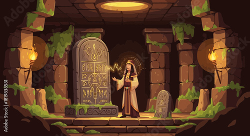 Ancient crypt with mystical priestess activating an ancient stone tablet