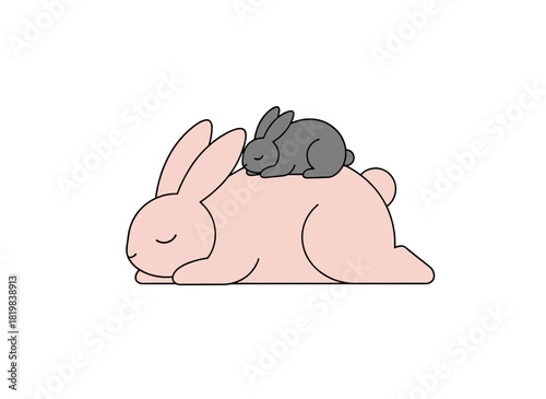 A mother rabbit and her adorable baby bunny are sleeping together, a tranquil scene of a mother and child hare, a playful leveret, depicting a wild forest animal family, all rendered as a flat vector