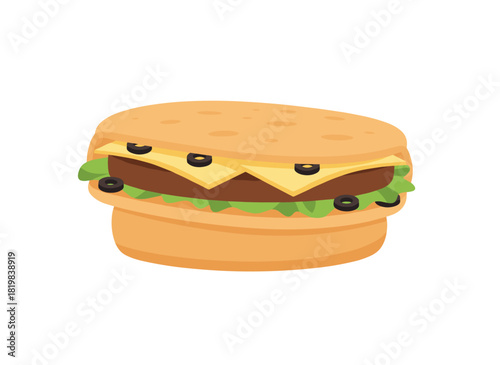 A pita wrap filled with beef cutlet, olives, cheese, lettuce, and fried onions, a Greek flatbread sandwich presented as a flat vector illustration on a white background