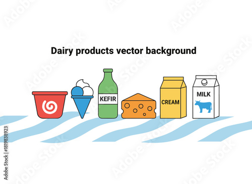 Banner showcasing dairy products like milk, cheese, yogurt, butter, and ice cream against a food store background, promoting healthy, fresh, natural goods for a farm market shop with a flat graphic