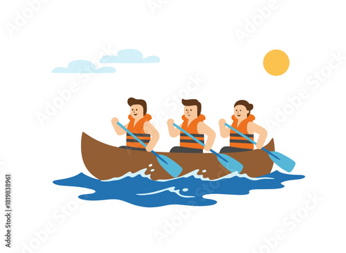 A boat crew of exhausted workers and idle, unproductive colleagues, suffering from inequitable workload distribution, exemplifies poor teamwork; this is depicted in a colored flat vector illustration