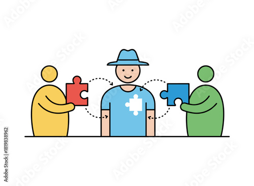 Illustration of a love triangle with a tough decision: a young man and two girls connected by a puzzle piece, drawn by hand on a blue backdrop