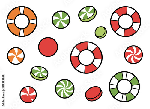 Set of circular candies: sweet caramels, sugar drops, and suckers, plus flavored circle lollipops and mixed fruit lollies, rendered as realistic flat vector illustrations on a white background