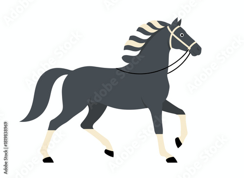 Illustration of a flat vector Marwari horse, a robust and attractive Indian equine, representing horse breeding and equestrian sport concepts, featuring a Malani breed steed isolated on a white