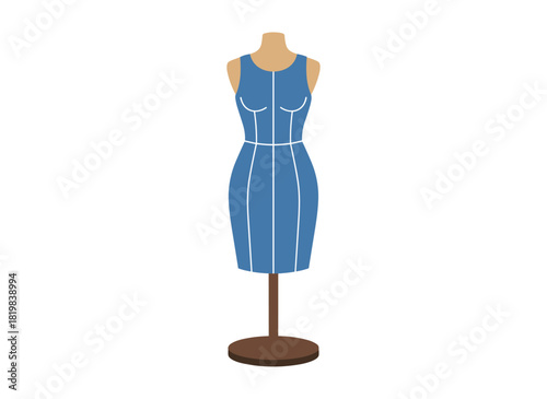 Illustration of a female mannequin: a fabric-bodied figure for sewing and dressmaking, used as a fitting dummy on a stand, depicted as a flat vector on a white background