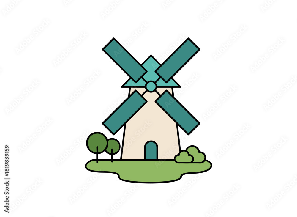 Fototapeta premium A lone windmill against a white backdrop, an old European post mill serving as a farm structure for agricultural use, depicted in a colorful flat cartoon illustration of a countryside building