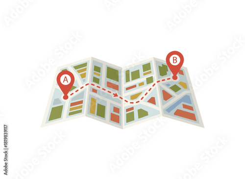 Illustrated vector map resembling paper with red markers, featuring colorful local street GPS navigation on a white background, showing city route between two points and geographic distance planning