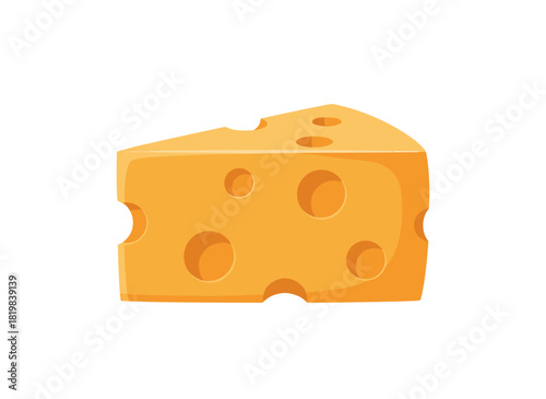 Illustrated in flat color, a Swiss cheese bar with large holes, a piece of porous Holland Maasdam cheese, depicted as a fresh gourmet food item on a white background