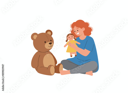 A cheerful little girl playing with a doll and teddy bear, giggling while seated on the floor during a playful game with a plush bear, depicted as a flat vector illustration on a white background