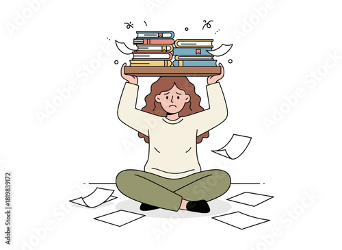 Exhausted worker swamped by paperwork and business documents, illustrating the concept of bureaucratic burden; a tired office employee burdened with a heavy workload, depicted as a flat vector