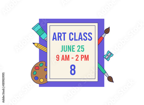 A vertical banner template for an art class advertisement, featuring a creative school workshop promotion flyer with drawing and painting course highlights, including paint supplies, stationery, and