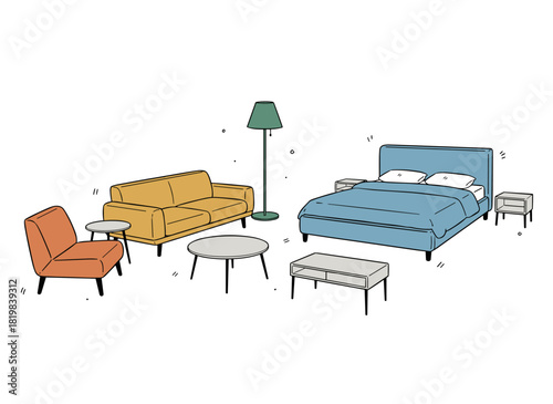 A collection of hand‑drawn furniture, including various sofas, chairs, armchairs, bedside tables, beds, tables, and lamps, illustrated as a colorful vector sketch