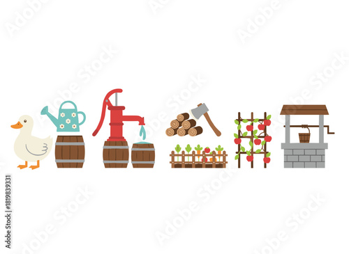 A rural flat vector illustration featuring a farm and countryside scenes, including agricultural life with a water pump, chopping wood with an axe, a scarecrow in a vegetable garden, and a well, all