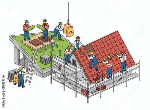 Illustration of a uniformed crew repairing private homes, showing the team painting facades, covering roofs, and updating wall colors in a standalone exterior renovation